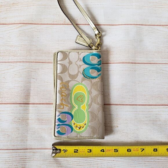 Coach Fabric Leather Logo Wristlet Wallet Metallic Gold Tan Fun Print - Picture 10 of 16